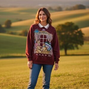 Vintage Act III Women Graphic Sweatshirt Small Collared Bear Cat Lady Maroon